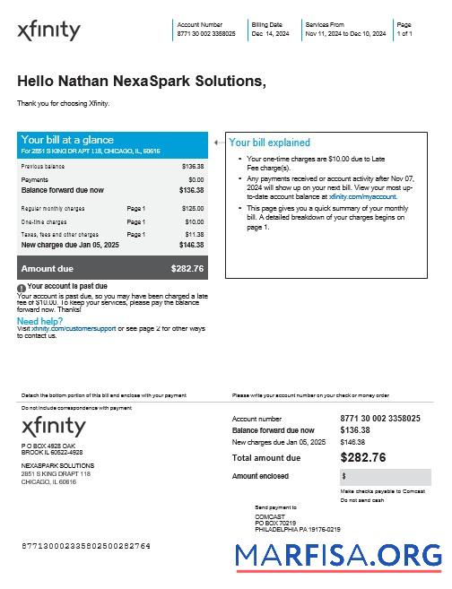 Downloadable USA XFINITY business utility bill Word and PDF template